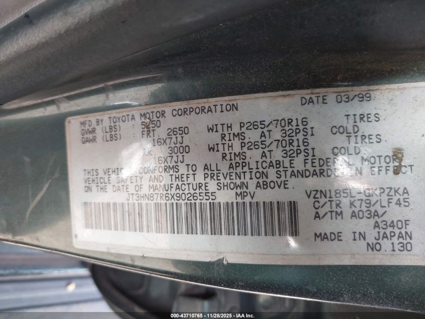 1999 Toyota 4Runner Limited V6 VIN: JT3HN87R6X9026555 Lot: 43710765