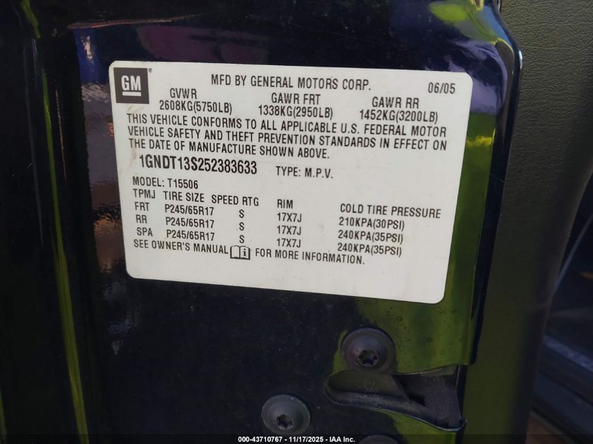 2005 Chevrolet Trailblazer Lt VIN: 1GNDT13S252383633 Lot: 43710767