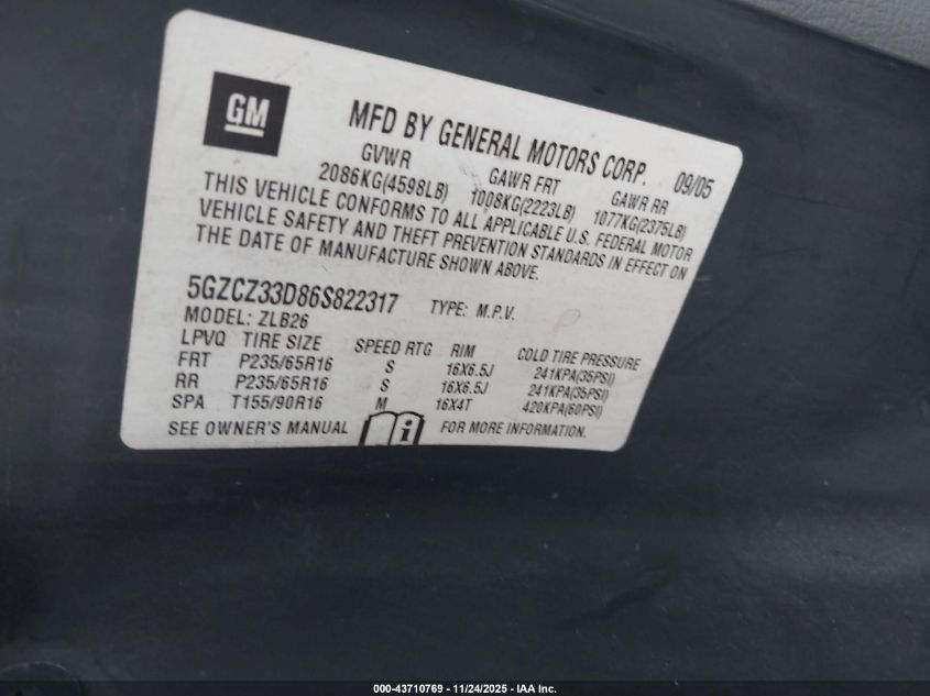 2006 Saturn Vue 4 Cyl VIN: 5GZCZ33D86S822317 Lot: 43710769