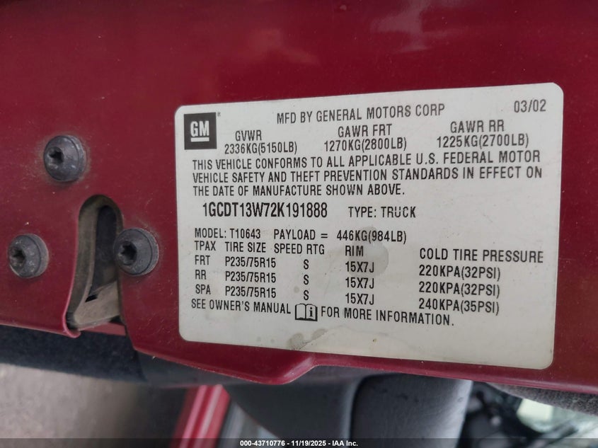 1GCDT13W72K191888 2002 CHEVROLET S-10 PICKUP photo no. 9