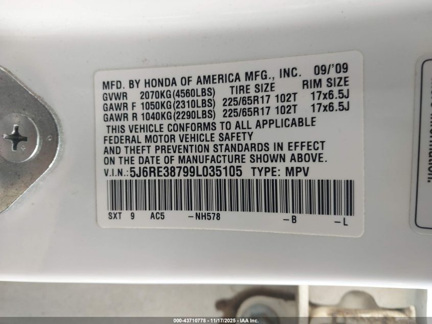 2009 Honda Cr-V Ex-L VIN: 5J6RE38799L035105 Lot: 43710778