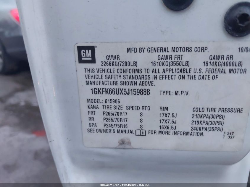 2005 GMC Yukon Xl 1500 Denali VIN: 1GKFK66UX5J159888 Lot: 43710787