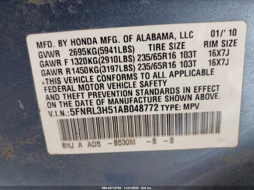 5FNRL3H51AB048772 2010 HONDA ODYSSEY photo no. 9