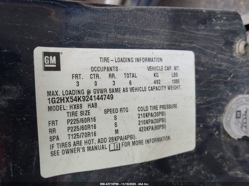 2002 Pontiac Bonneville Se VIN: 1G2HX54K924144749 Lot: 43710798