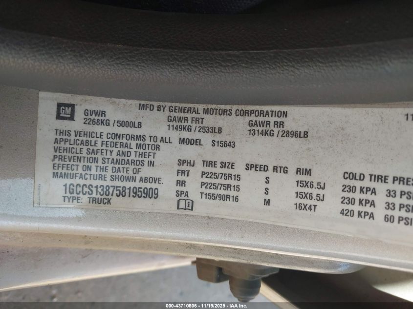 2005 Chevrolet Colorado Ls VIN: 1GCCS138758195909 Lot: 43710806