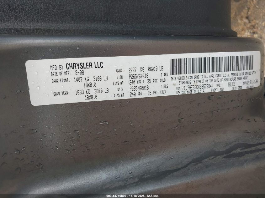 2008 Dodge Dakota Sxt/Bighorn/Lonestar VIN: 1D7HE32KX8S576947 Lot: 43710809