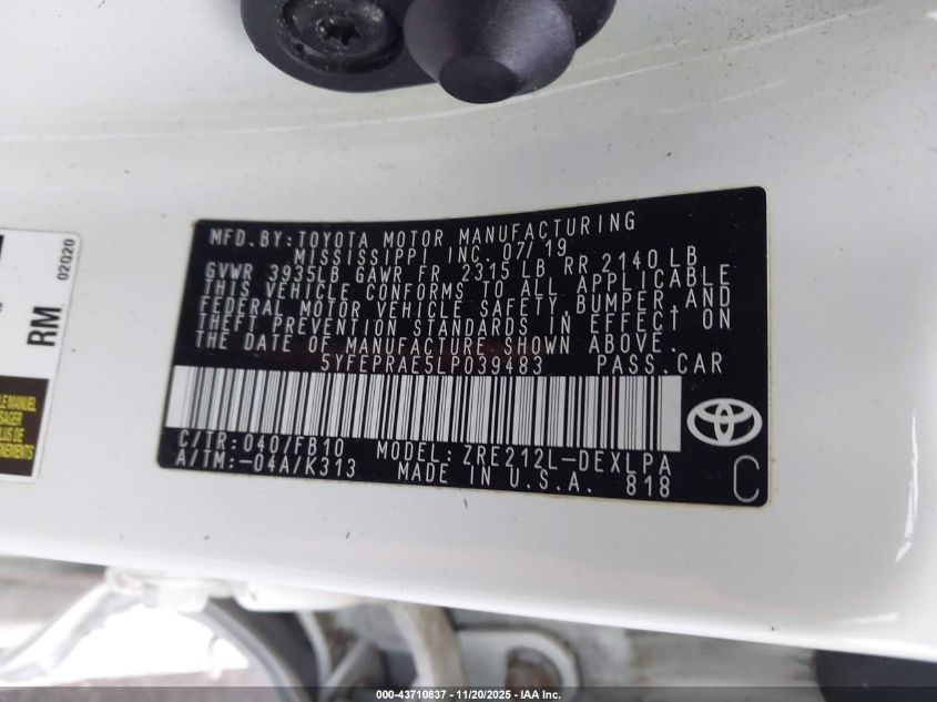 2020 Toyota Corolla Le VIN: 5YFEPRAE5LP039483 Lot: 43710837