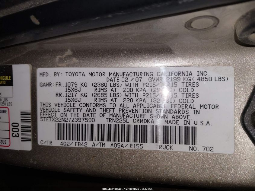 2007 Toyota Tacoma VIN: 5TETX22N27Z397590 Lot: 43710840