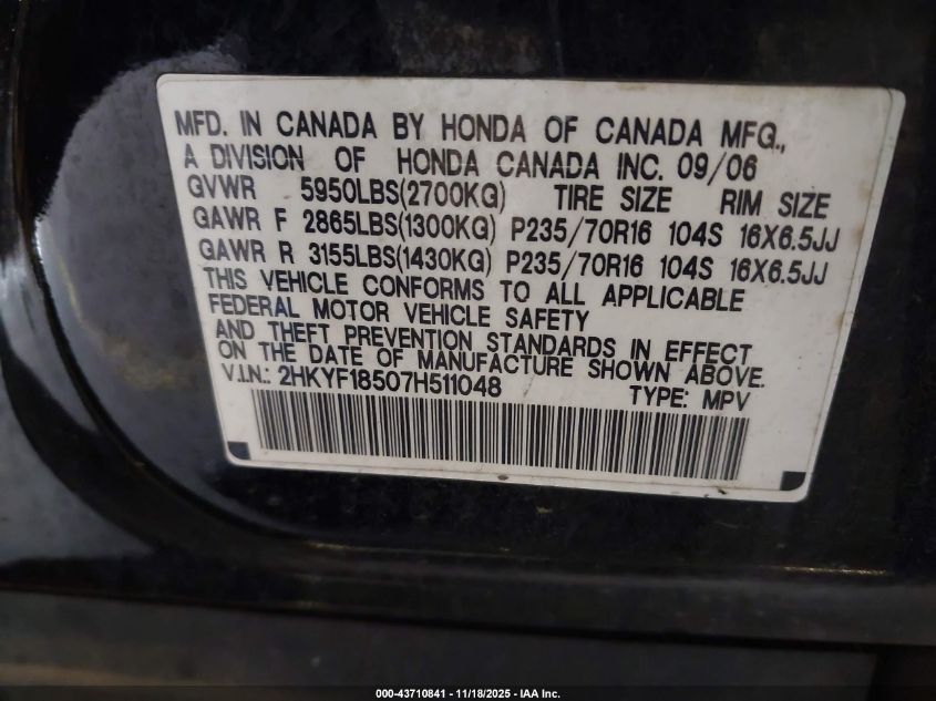 2007 Honda Pilot Ex-L VIN: 2HKYF18507H511048 Lot: 43710841