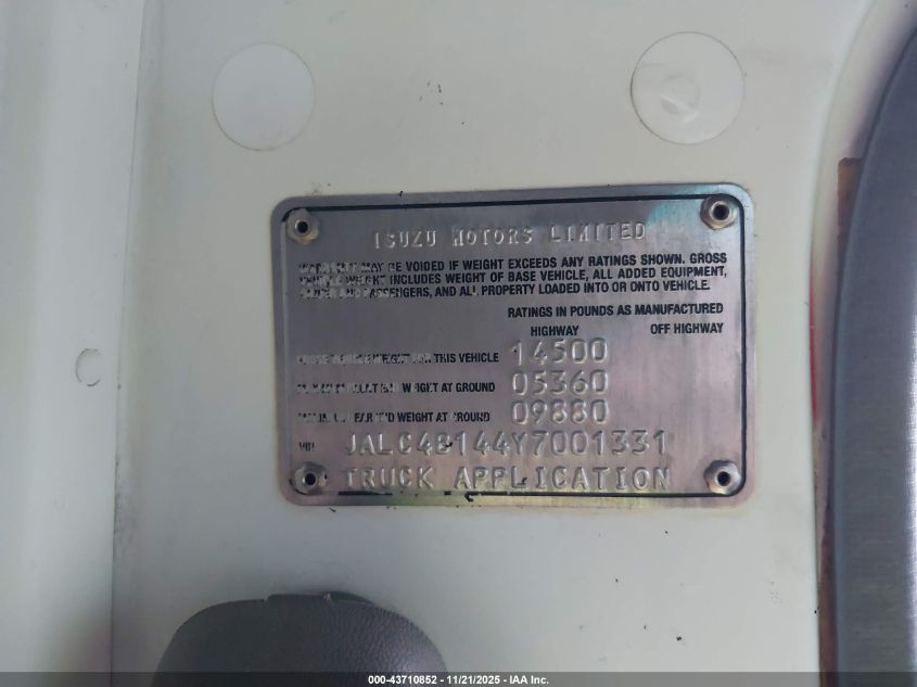 2000 Isuzu Npr VIN: JALC4B144Y7001331 Lot: 43710852