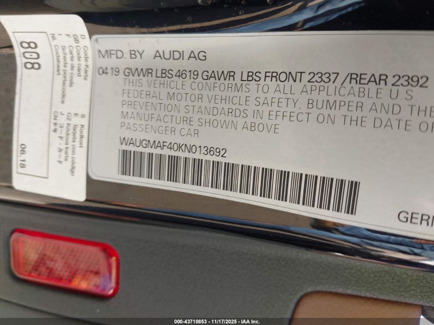 2019 Audi A4 40 Premium/40 Titanium Premium VIN: WAUGMAF40KN013692 Lot: 43710853