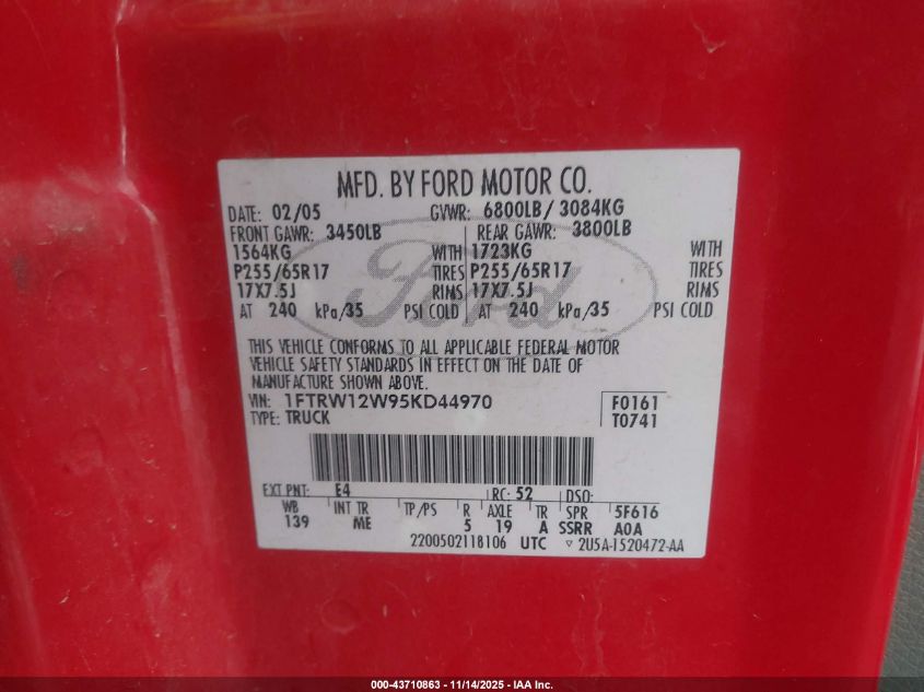 2005 Ford F-150 Xlt VIN: 1FTRW12W95KD44970 Lot: 43710863