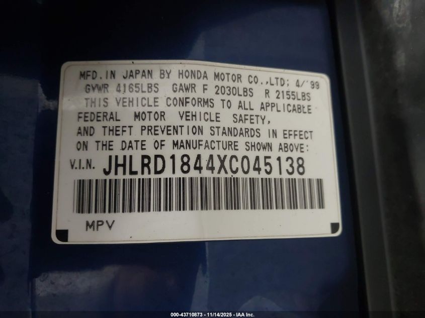 1999 Honda Cr-V Lx VIN: JHLRD1844XC045138 Lot: 43710873