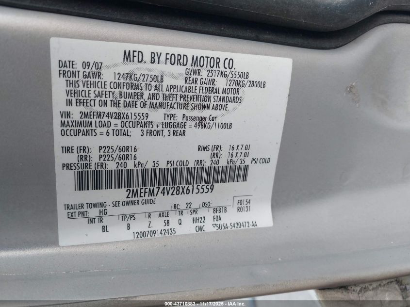 2008 Mercury Grand Marquis Gs VIN: 2MEFM74V28X615559 Lot: 43710883