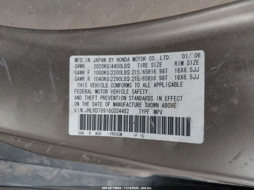 2006 Honda Cr-V Se VIN: JHLRD78916C034482 Lot: 43710884