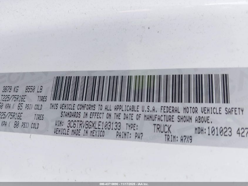 2020 Ram Promaster 1500 High Roof 136 Wb VIN: 3C6TRVBGXLE103133 Lot: 43710890