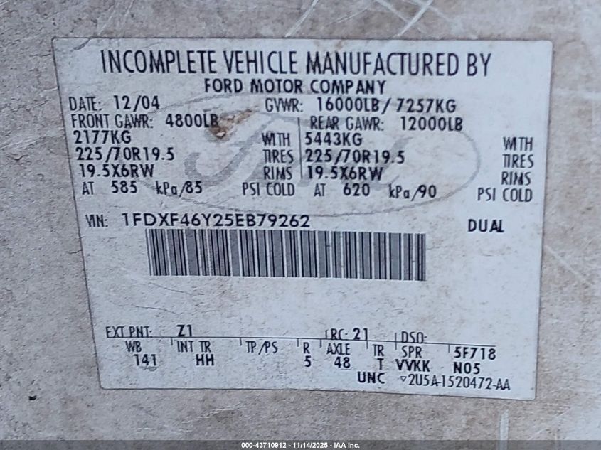 2005 Ford F-450 VIN: 1FDXF46Y25EB79262 Lot: 43710912