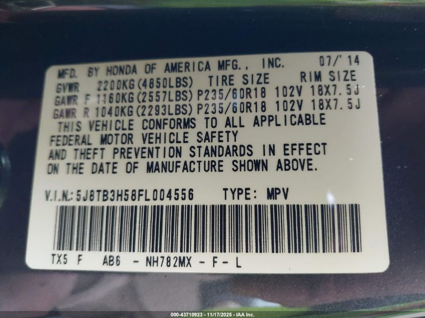 2015 Acura Rdx VIN: 5J8TB3H58FL004556 Lot: 43710923