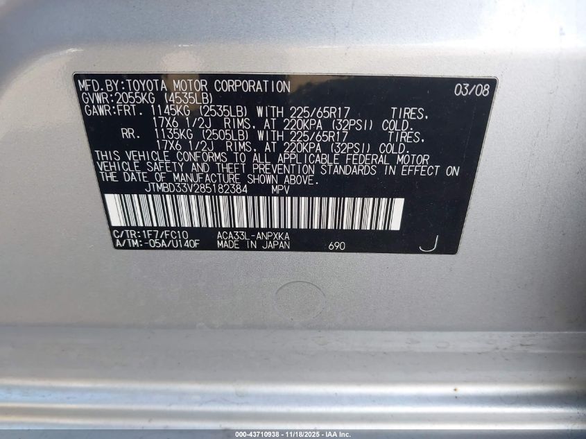 2008 Toyota Rav4 VIN: JTMBD33V285182384 Lot: 43710938