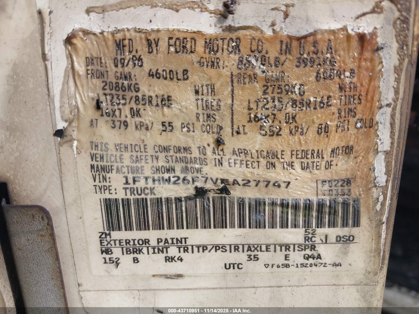 1997 Ford F-250 Xl VIN: 1FTHW26F7VEA27747 Lot: 43710951
