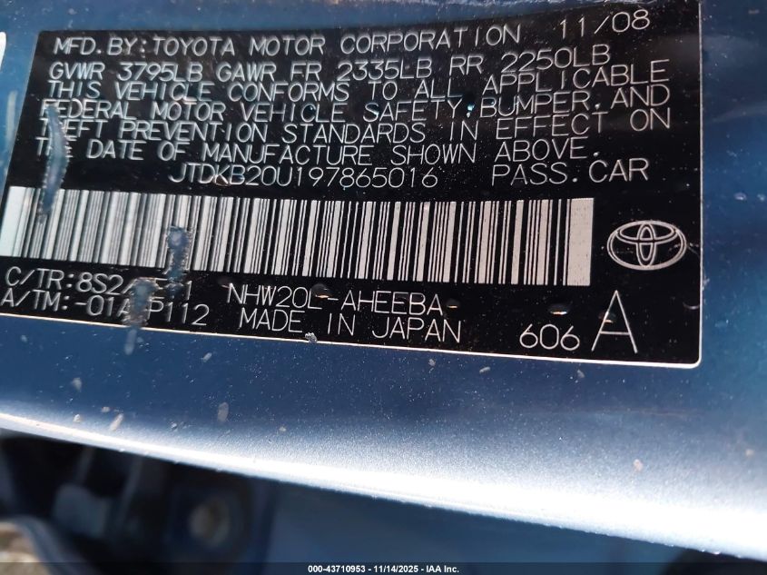 2009 Toyota Prius VIN: JTDKB20U197865016 Lot: 43710953