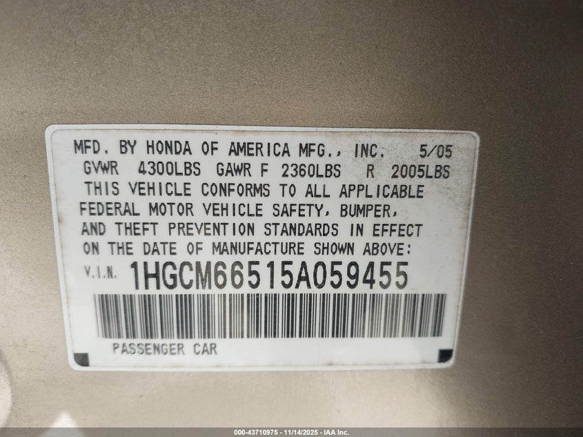 1HGCM66515A059455 2005 HONDA ACCORD photo no. 9