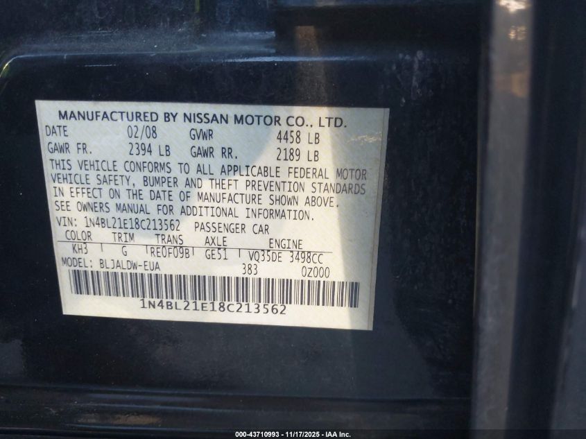 2008 Nissan Altima 3.5 Se VIN: 1N4BL21E18C213562 Lot: 43710993