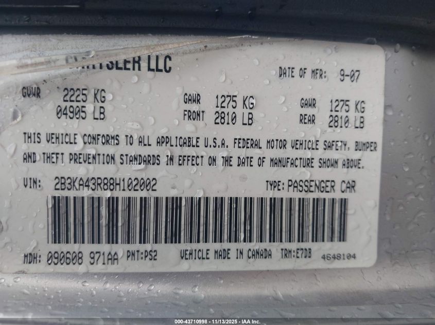 2008 Dodge Charger VIN: 2B3KA43R88H102002 Lot: 43710998