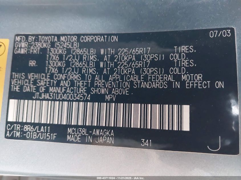 2004 Lexus Rx 330 VIN: JTJHA31U040034574 Lot: 43711024