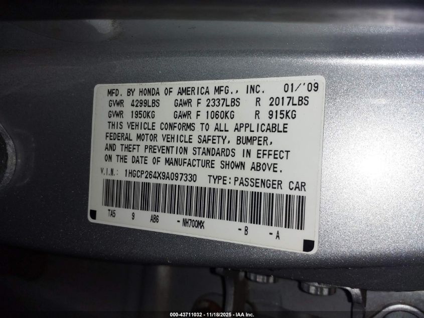 2009 Honda Accord 2.4 Lx-P VIN: 1HGCP264X9A097330 Lot: 43711032