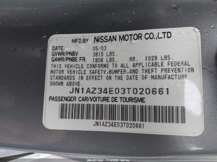 2003 Nissan 350Z Enthusiast VIN: JN1AZ34E03T020661 Lot: 43711043