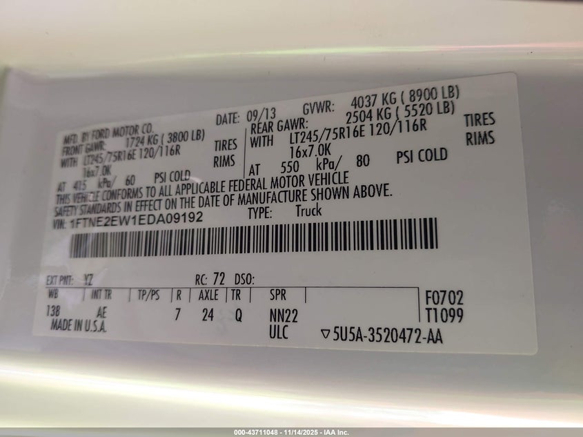 2014 Ford E-250 Commercial VIN: 1FTNE2EW1EDA09192 Lot: 43711048