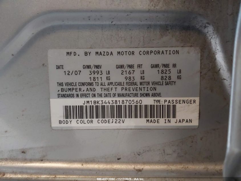 2008 Mazda Mazda3 S Touring VIN: JM1BK344381870560 Lot: 43711050