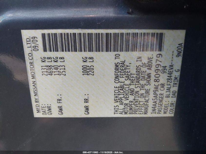 2010 Nissan Maxima 3.5 Sv VIN: 1N4AA5AP9AC809979 Lot: 43711063