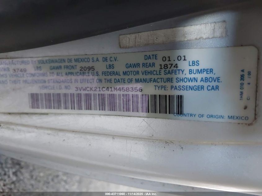 2001 Volkswagen New Beetle Gls VIN: 3VWCK21C41M458356 Lot: 43711068