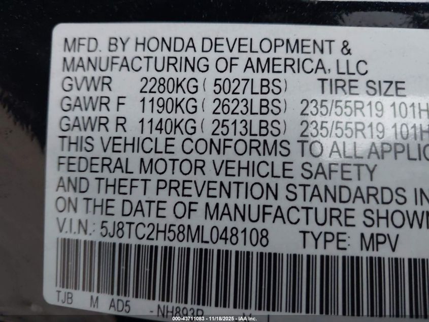 2021 Acura Rdx Technology Package VIN: 5J8TC2H58ML048108 Lot: 43711083