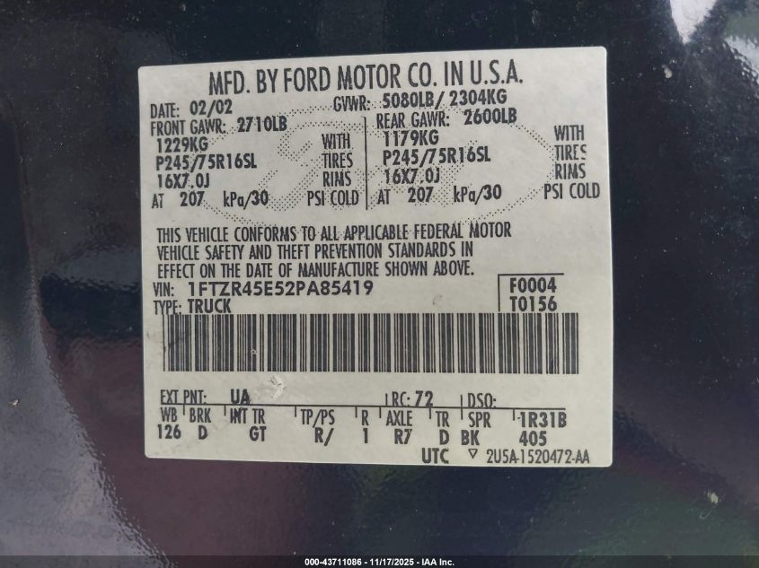 2002 Ford Ranger Edge/Xlt VIN: 1FTZR45E52PA85419 Lot: 43711086