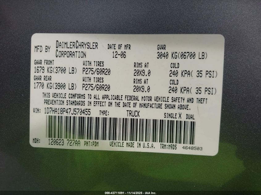 2007 Dodge Ram 1500 Slt VIN: 1D7HA18P47J570455 Lot: 43711091