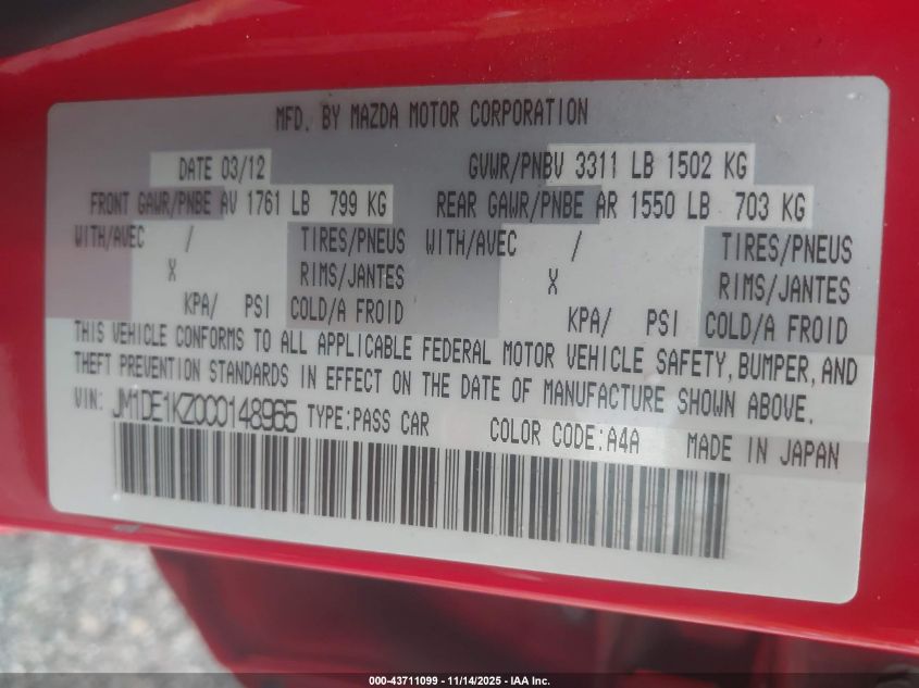 2012 Mazda Mazda2 Sport VIN: JM1DE1KZ0C0148965 Lot: 43711099