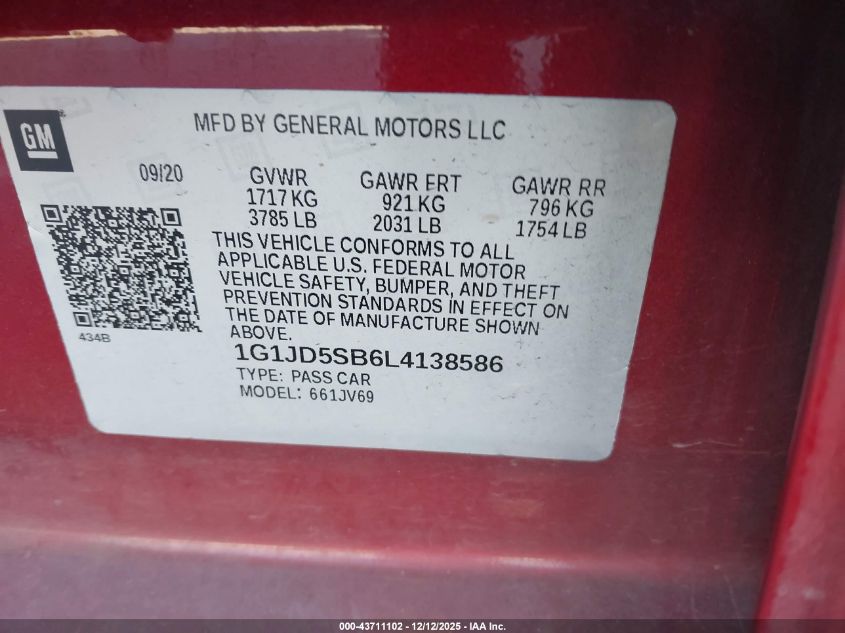 2020 Chevrolet Sonic Fwd Lt VIN: 1G1JD5SB6L4138586 Lot: 43711102