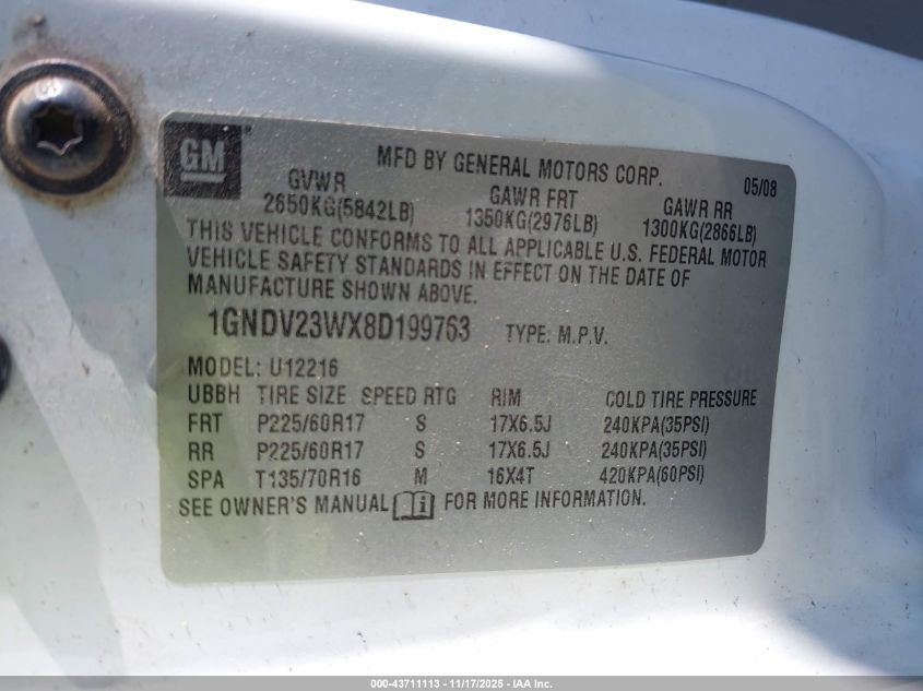 2008 Chevrolet Uplander Ls VIN: 1GNDV23WX8D199763 Lot: 43711113