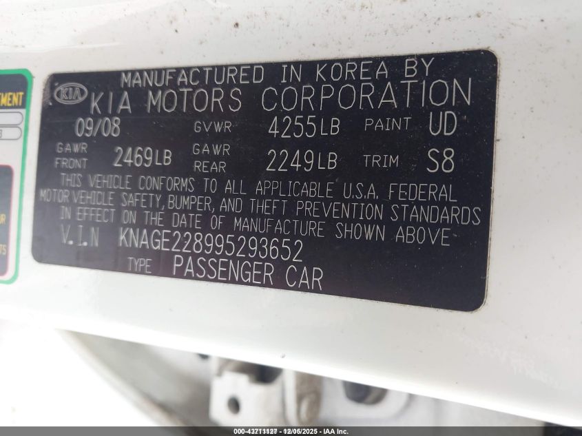 2009 Kia Optima Lx VIN: KNAGE228995293652 Lot: 43711127