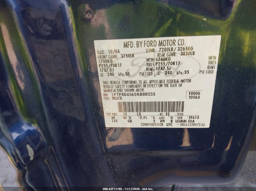 2005 Ford F-150 Fx4/Xlt VIN: 1FTPX04565KB88535 Lot: 43711150