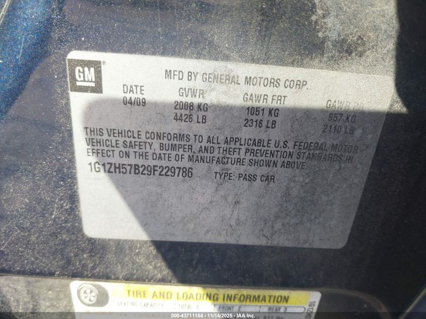 2009 Chevrolet Malibu Lt VIN: 1G1ZH57B29F229786 Lot: 43711154