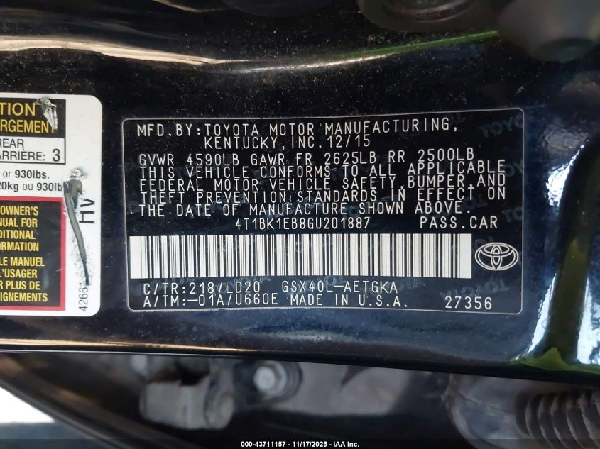 2016 Toyota Avalon Xle VIN: 4T1BK1EB8GU201887 Lot: 43711157