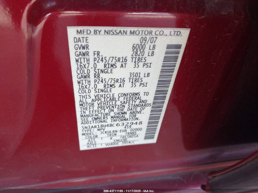 2008 Nissan Pathfinder S VIN: 5N1AR18U48C632948 Lot: 43711158