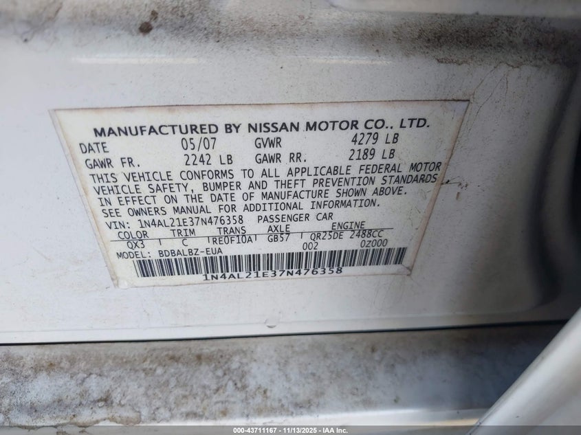 1N4AL21E37N476358 2007 NISSAN ALTIMA photo no. 9