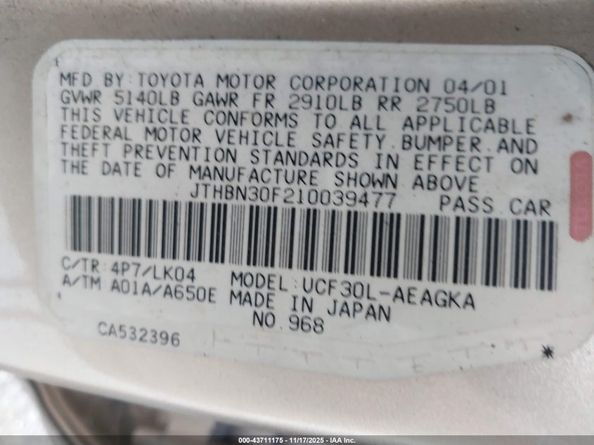 JTHBN30F210039477 2001 LEXUS LS photo no. 9