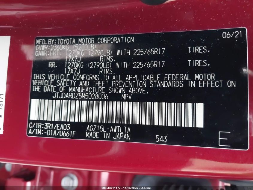 2021 Lexus Nx 300 VIN: JTJDARDZ5M5028006 Lot: 43711177