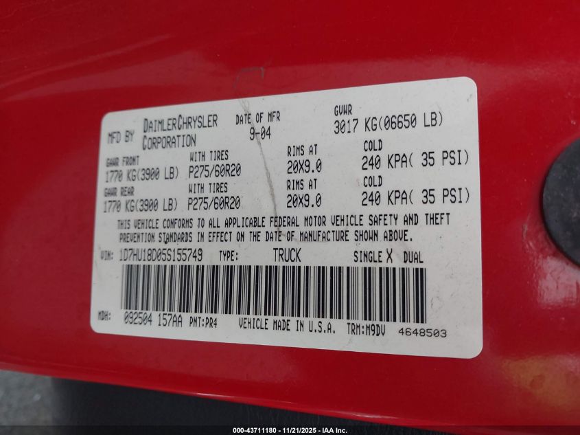 2005 Dodge Ram 1500 Slt/Laramie VIN: 1D7HU18D05S155749 Lot: 43711180